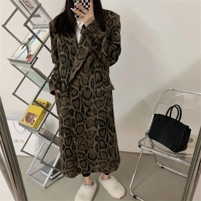 Double layer leopard print womens wool coat winter loose silhouette mid length wool coat trend 241019CJ
