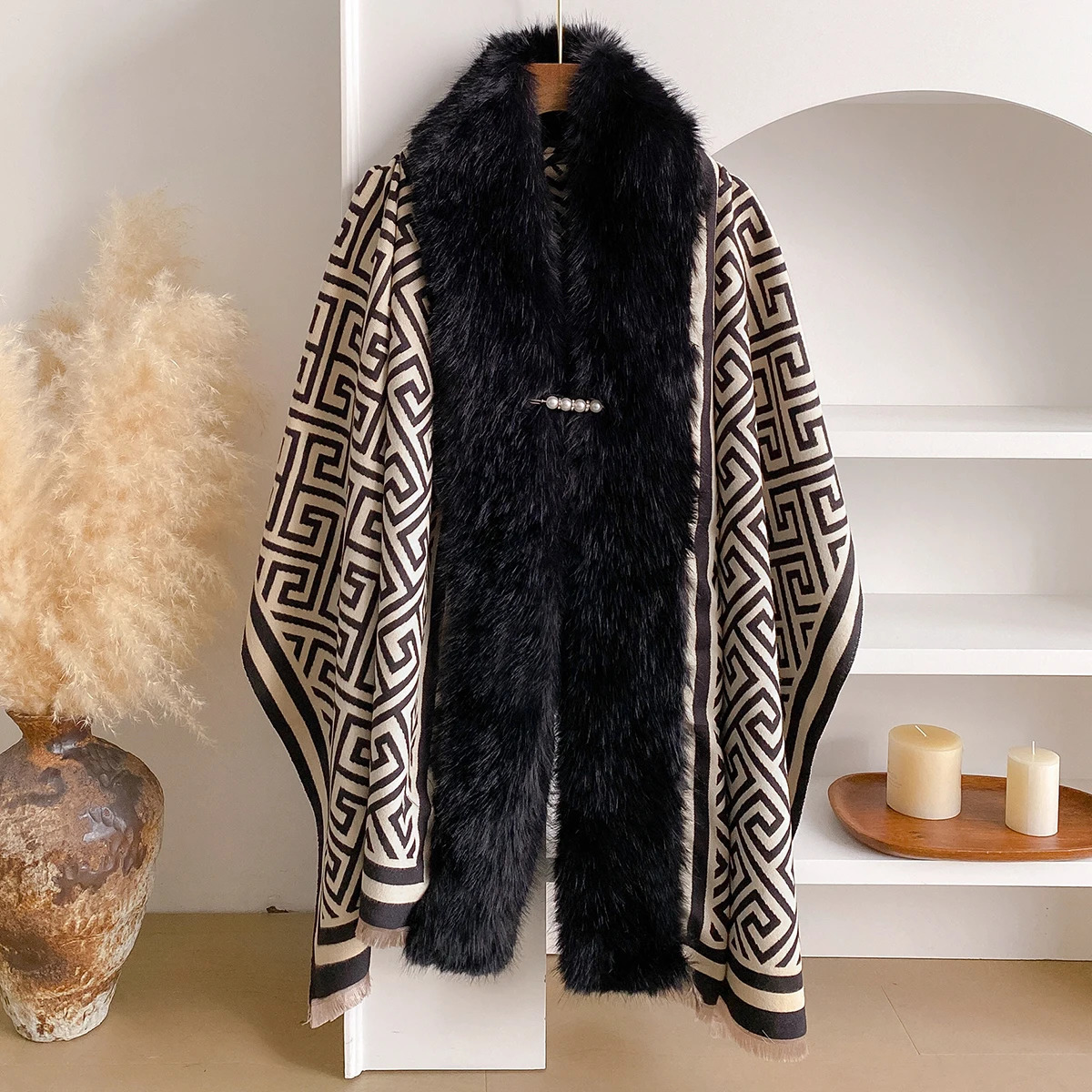 Fashion Soft Faux Rex Rabbit Fur Coat Shawl Cape Hooded Jacquard Knit Blends Scrave Winter Loose Cloak Scraf Mother Gift 250928