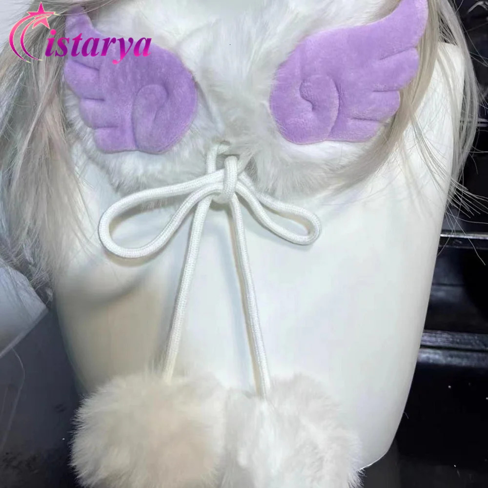 Harajuku Angel Wings Plush Faux Fur Scarf Women Winter Warm LaceUp Fleece Ball Neck Wrap Kawaii Chic Streetwear Y2K Scarves 250928