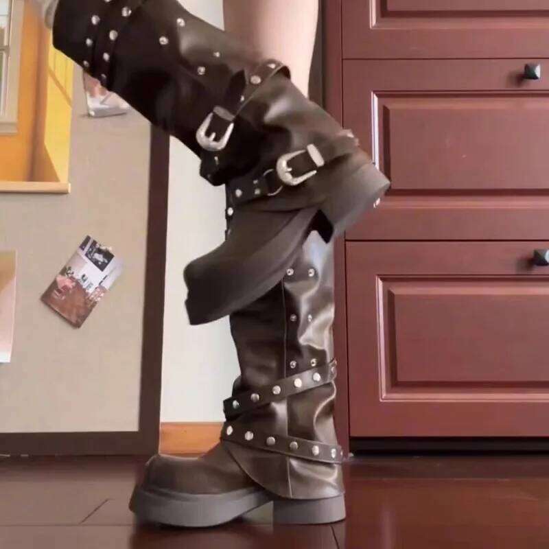 Women Platform Trouser Legs High Boots Trend Punk Gothic New Rock Leather Fashion Women's Shoes Motorcycle Footwear