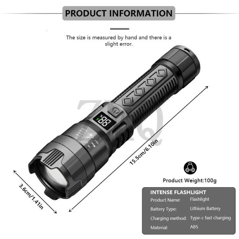 Ultra Bright LED Flashlight 2000LM TypeC Rechargeable Long Range Zoom Tactical Torch Outdoor Emergency Camping Fishing Lantern D2509281