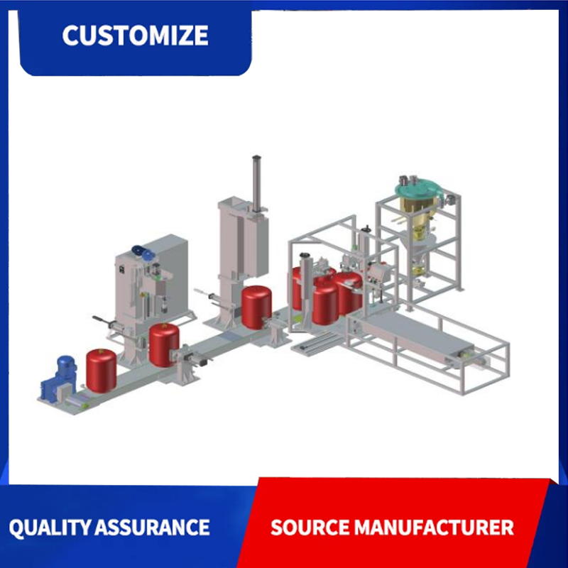 Cart-fed filling line for automatic filling of cart-fed dry powder fire extinguishers