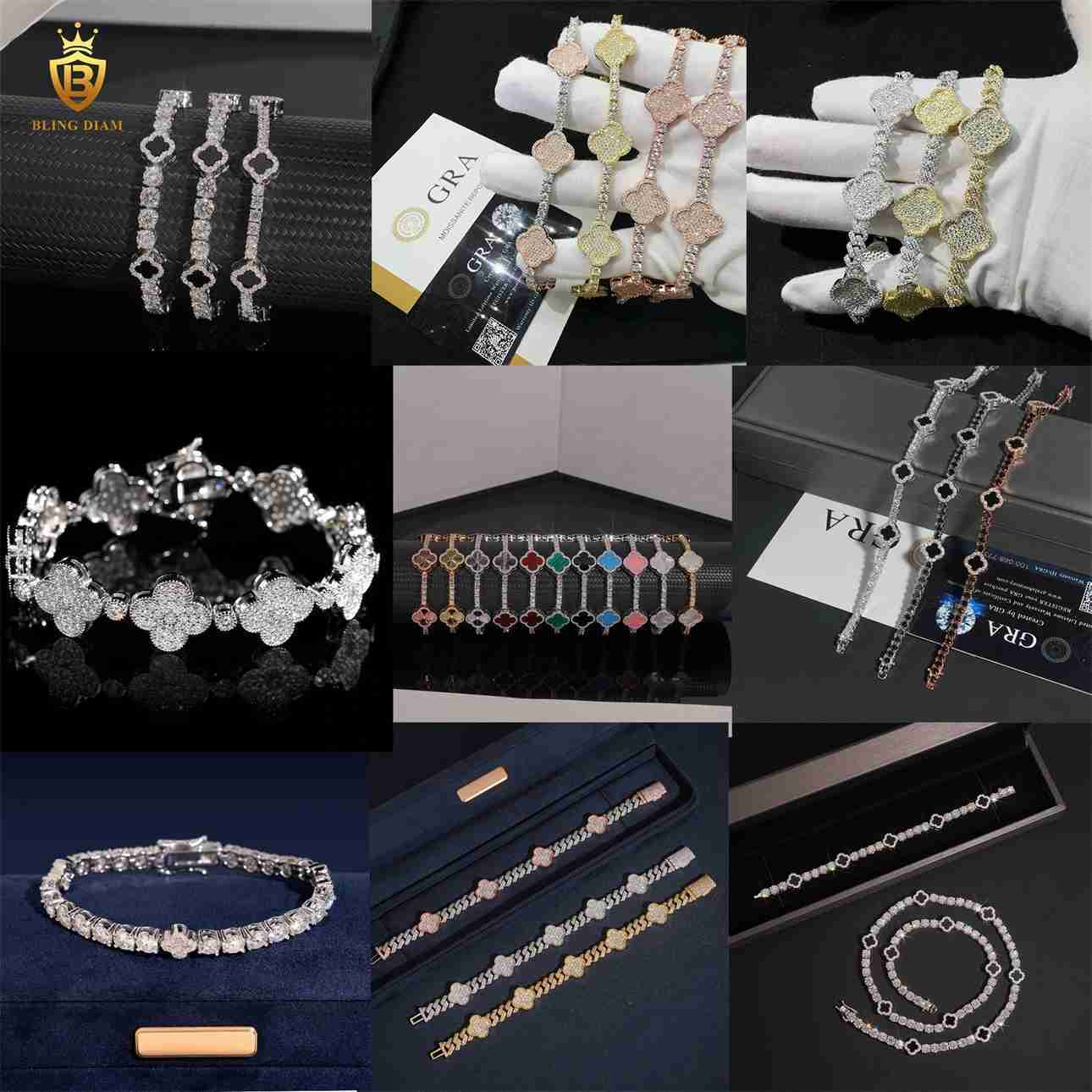 Sterling Silver 925 D Color VVS Miossanite Diamond GRA Certificated Hip Hop Fine Jewelry FourLeaf Clover Tennis Chain Bracelet