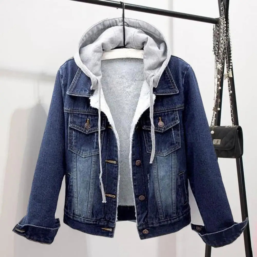 Winter Jacket Detachable Hat Flap Pockets Thermal Plus Size Denim Winter Jacket Lady Coat for School 250811A