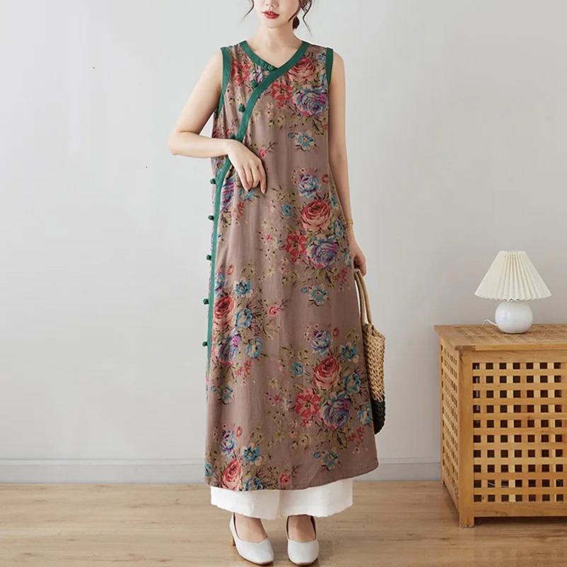 Women Casual Long Dress Summer Chinese Style Vintage Vneck Floral Print Loose Female Cotton Aline Dresses B3725 240628
