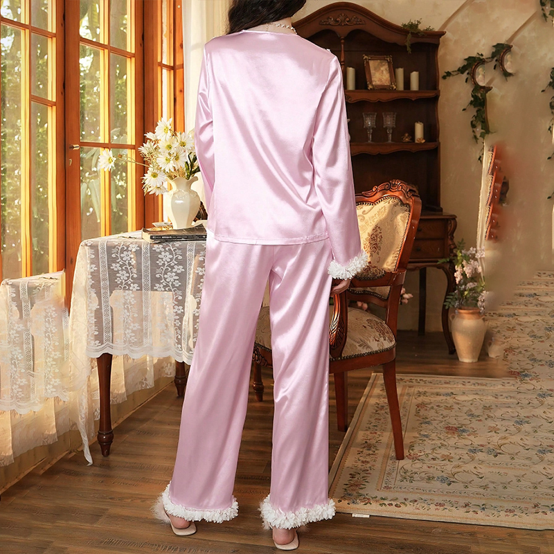 New Women's Spring/Fall Silk Satin 3D Petal Long-Sleeve Pajama Set with Pants for Homewear