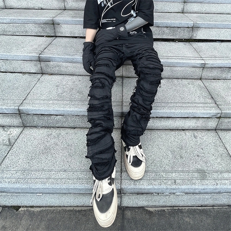 Ripped Jeans Men Hip Hop Y2k Vintage Slim Black Trousers Autumn Winter High Street Fit Cool Skinny Stacked Wax Hole Denim Pants 240909