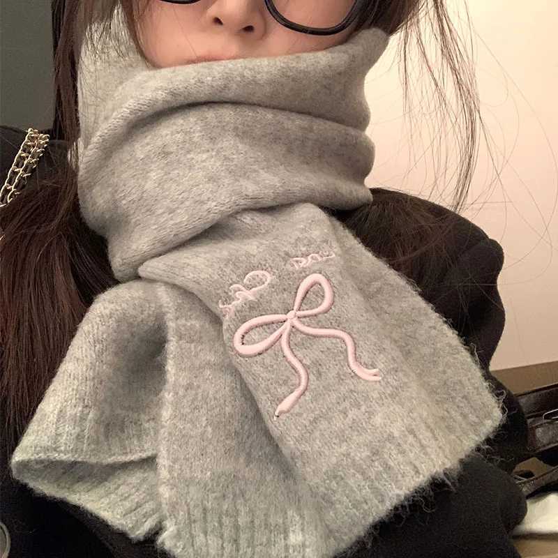 Womens Winter Scarf New Japanese Style Cute Bow Scarf Featuring Cold Proof Warm Neck Protecting Kawaii Knitted Scarf Embroidery L250928
