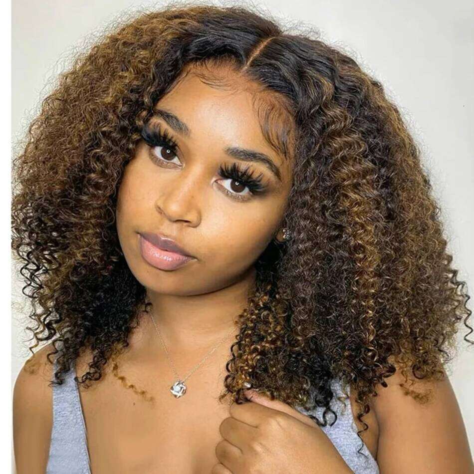 6X5 Glueless Lace Hair Ready To Wear And Go Short Kinky Curly Ombre Highlights Brown Colored Human Wigs Xiusiyuan2509