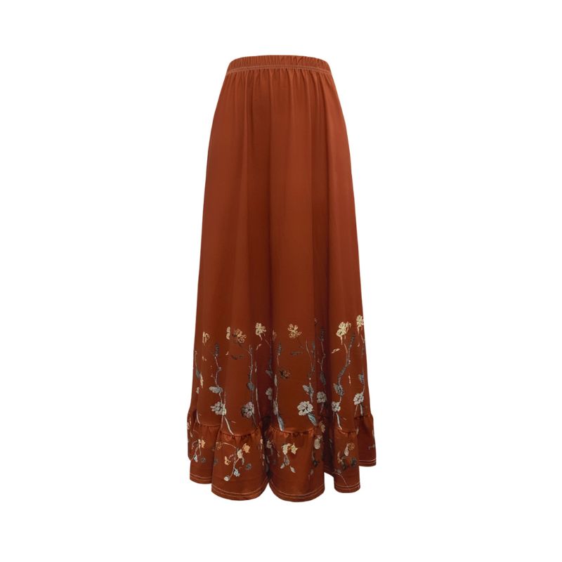 Women's Spring Summer Floral Print Ruffled Hem Midi Skirt - Elegant Vacation Light Brown Skirt-CF52851