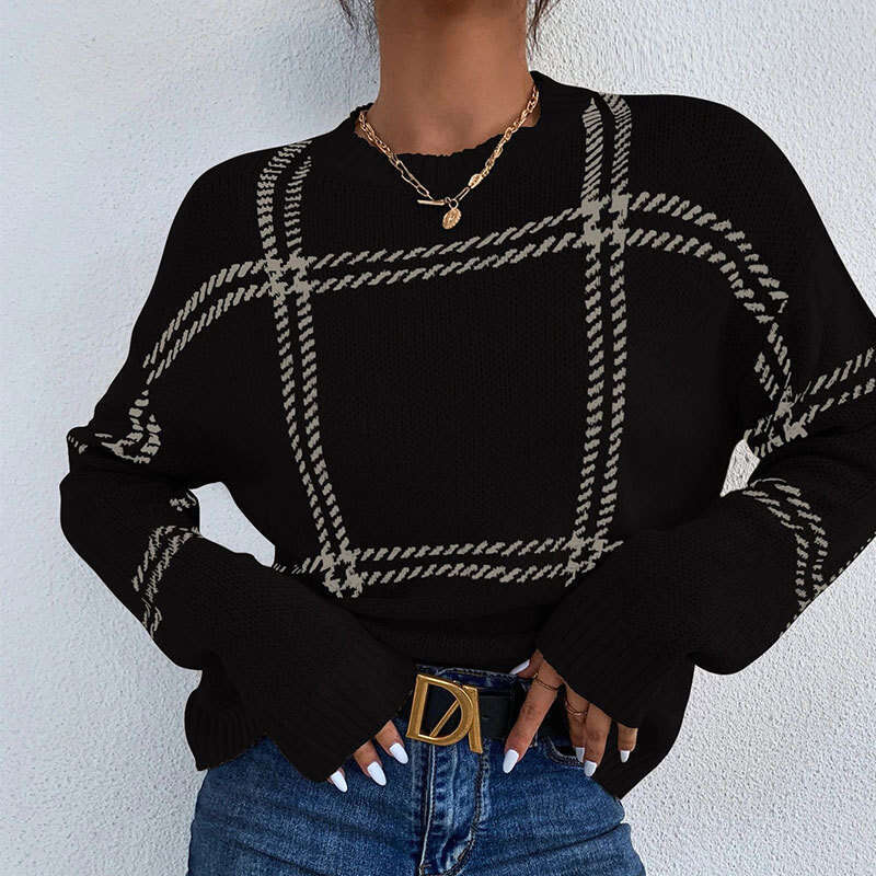 Yangyang Autumn Winter New Plaid Color Block Sweater for Women Casual Versatile Long Sleeve Round Neck Pullover Knitwear