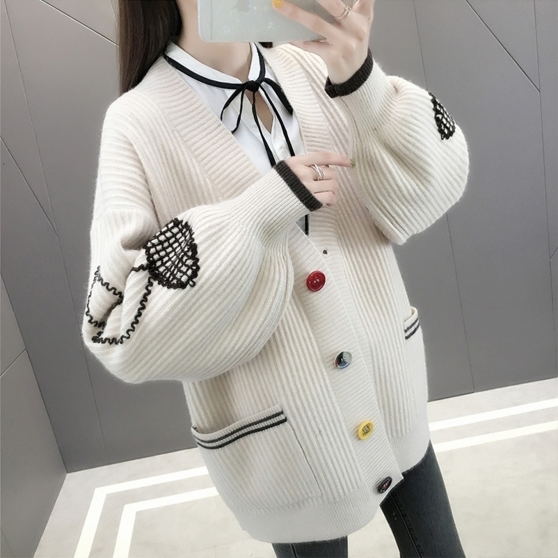 Autumn New Korean Fashion Embroidered Knitted Cardigan Women's Sweater Korean Loose Autumn and Winter Middle Long Coat 201031