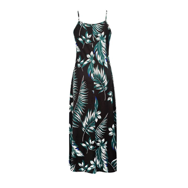 Women's Spaghetti Strap Tropical Plant Print Maxi Dress - Milk Silk Casual Vacation Black Dress-CF52273
