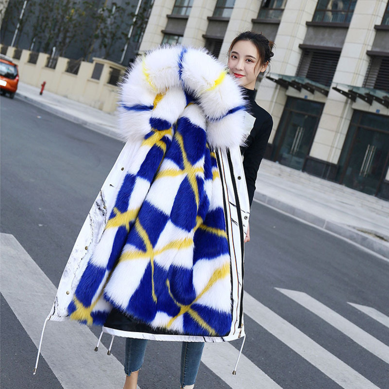 Parka Jacket Women Female Long Fox Fur Liner Raccoon Fur Collar Faux Fur Coat Female Coat Women's Winter Parka 201031
