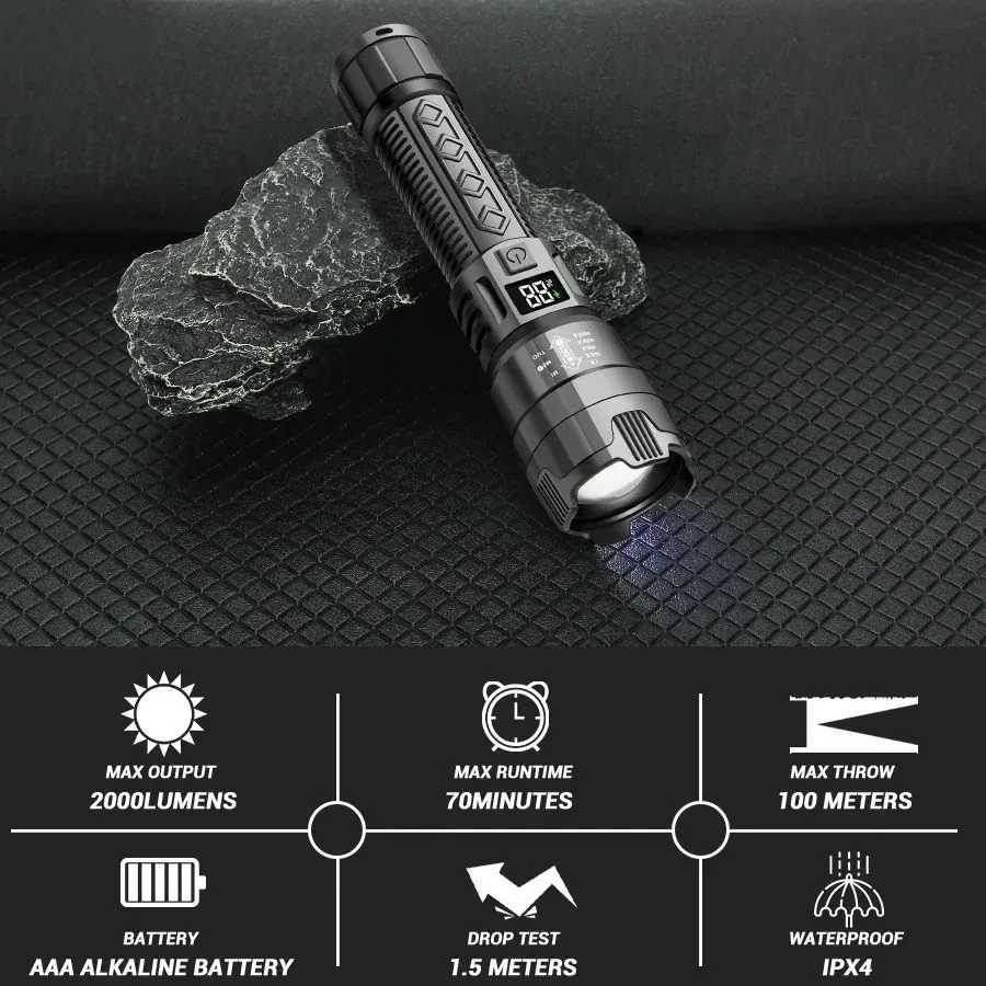 2000LM High Power LED Flashlight USB Rechargeable with Builtin Battery Tactical Strong Torch for Outdoor Camping Hiking Lantern D250928