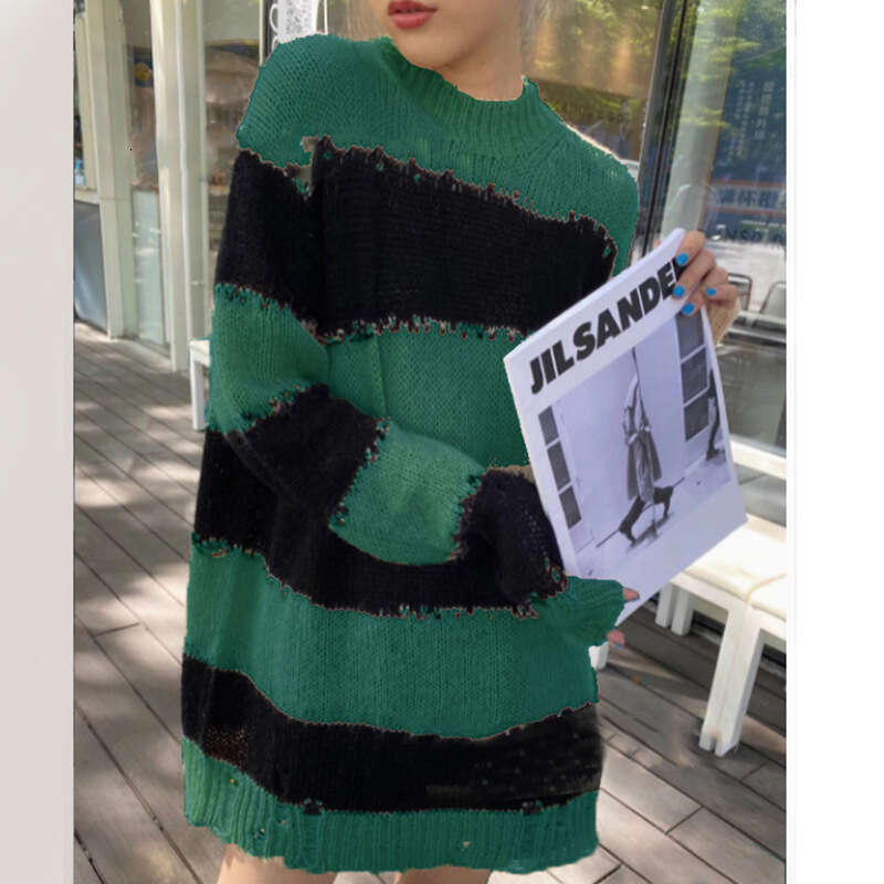 New Early Autumn Long Sleeve Striped Loose Sweater Women's Lazy Pullover Round Neck Knitted Top