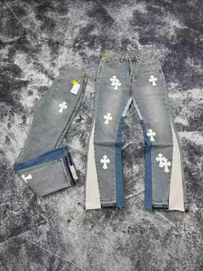 New trendy vintage leather-stitched cross-logo denim bootcut pants with faded and patched denim, high street pants. Z250928
