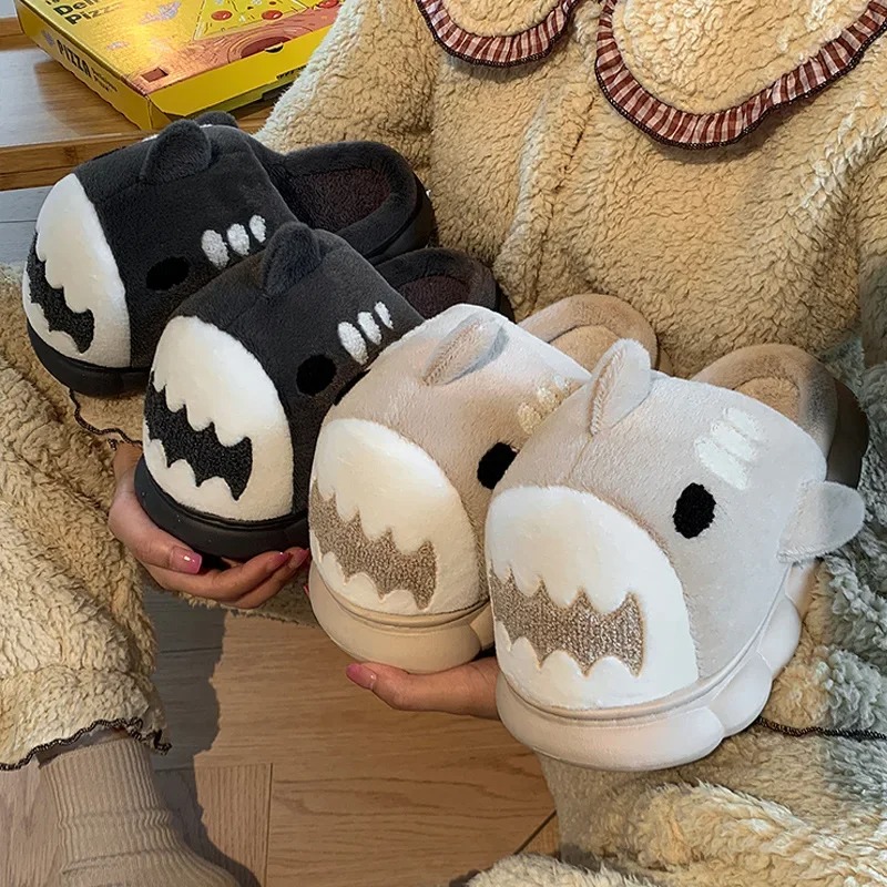 Unisex Winter Fun Cartoon Shark Slipper - Women's Comfortable Plush Footwear with Thicker Sole Winter Funny Slippers for Woman Cartoon Shark Warm