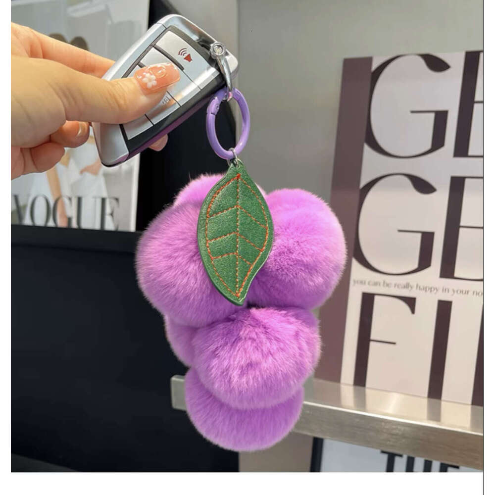Purple Faux Rex Rabbit Fur Bag Charm, Plush Pendant, Grape Car Keychain Accessory