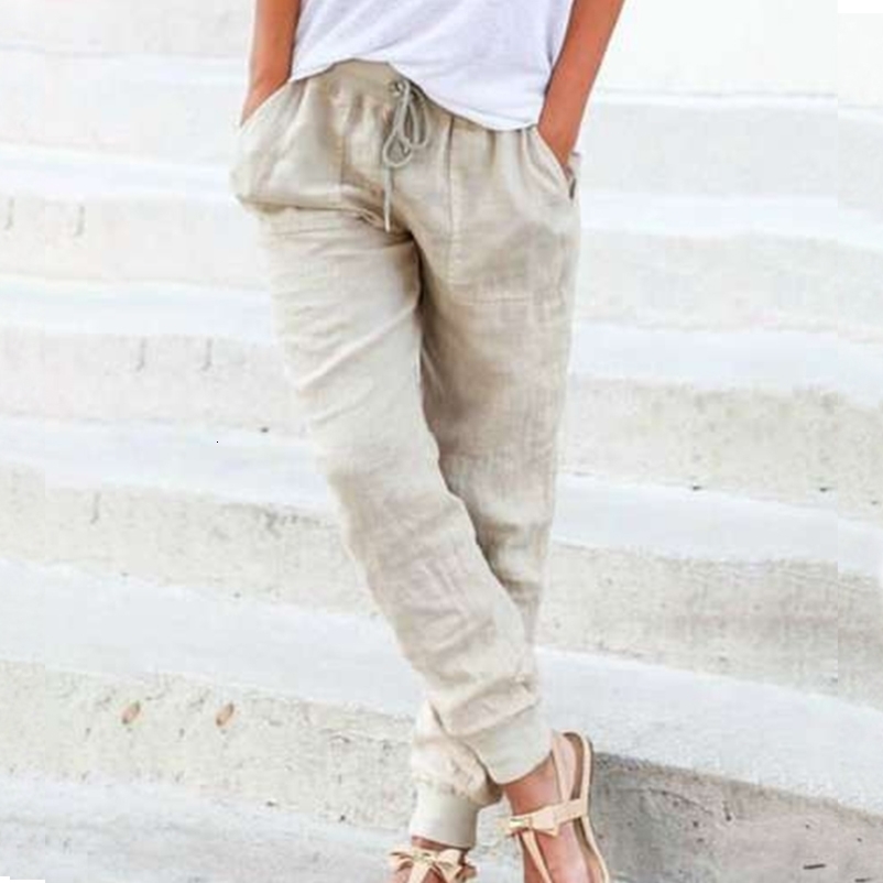 Solid Cotton Linen Women Pencil Pants Spring Casual Elastic High Waist Trousers Women Plus Size Drawstring Long Pants 3XL 201111