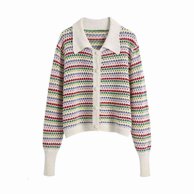 Women Elegant Rainbow Striped Print Hollow Out Sweater Casual Crochet Knitted Cardigan Coat Female Chic Single Breasted Jacquard 210521wtt