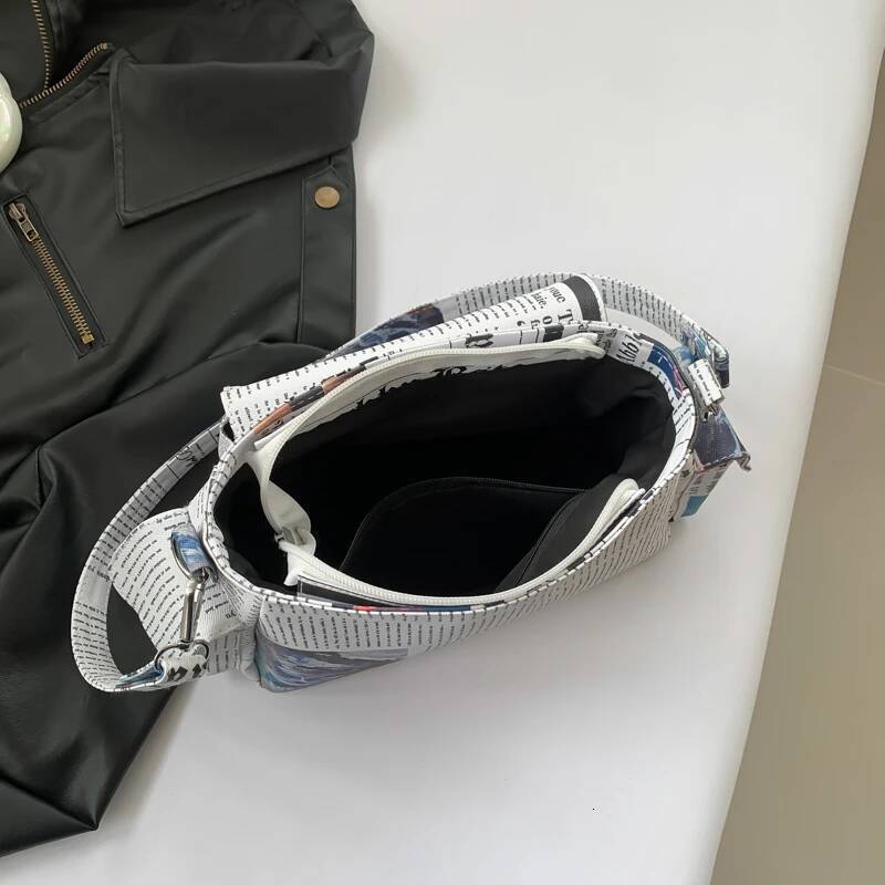 Newspaper Korean Style Shoulder Bag For Women Retro Letter Printing Pu Leather Underarm Handbag Shopper Armpit Purse high-quality