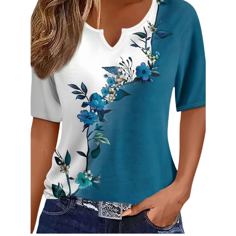 Women's Short Sleeve Notch V-Neck Floral Print Color Block Top - Summer Casual Homewear T-Shirt-CF50256