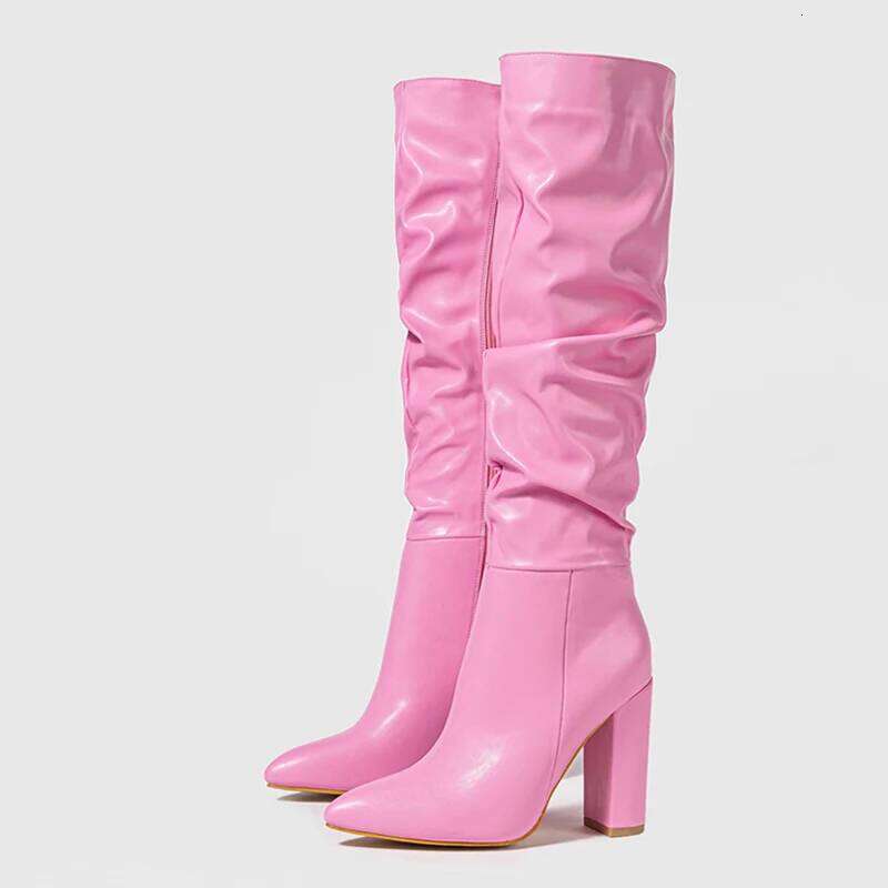 Liyke Winter Street Fashion Pleated Leather Pink Knee High Boots Women Sexy Long Zip Pointed Toe Square Heels Stripper Shoes