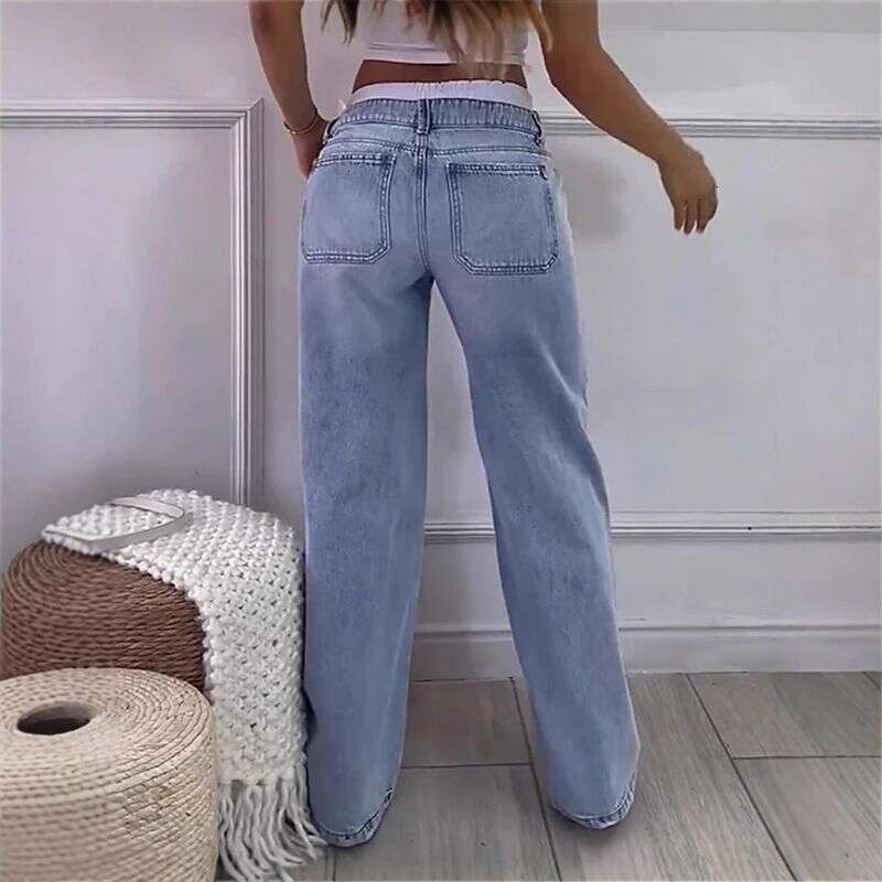 Women's Clothing Retro High Waist Non Elastic Washed Straight Fashion Contrast Color Wide Leg Jeans