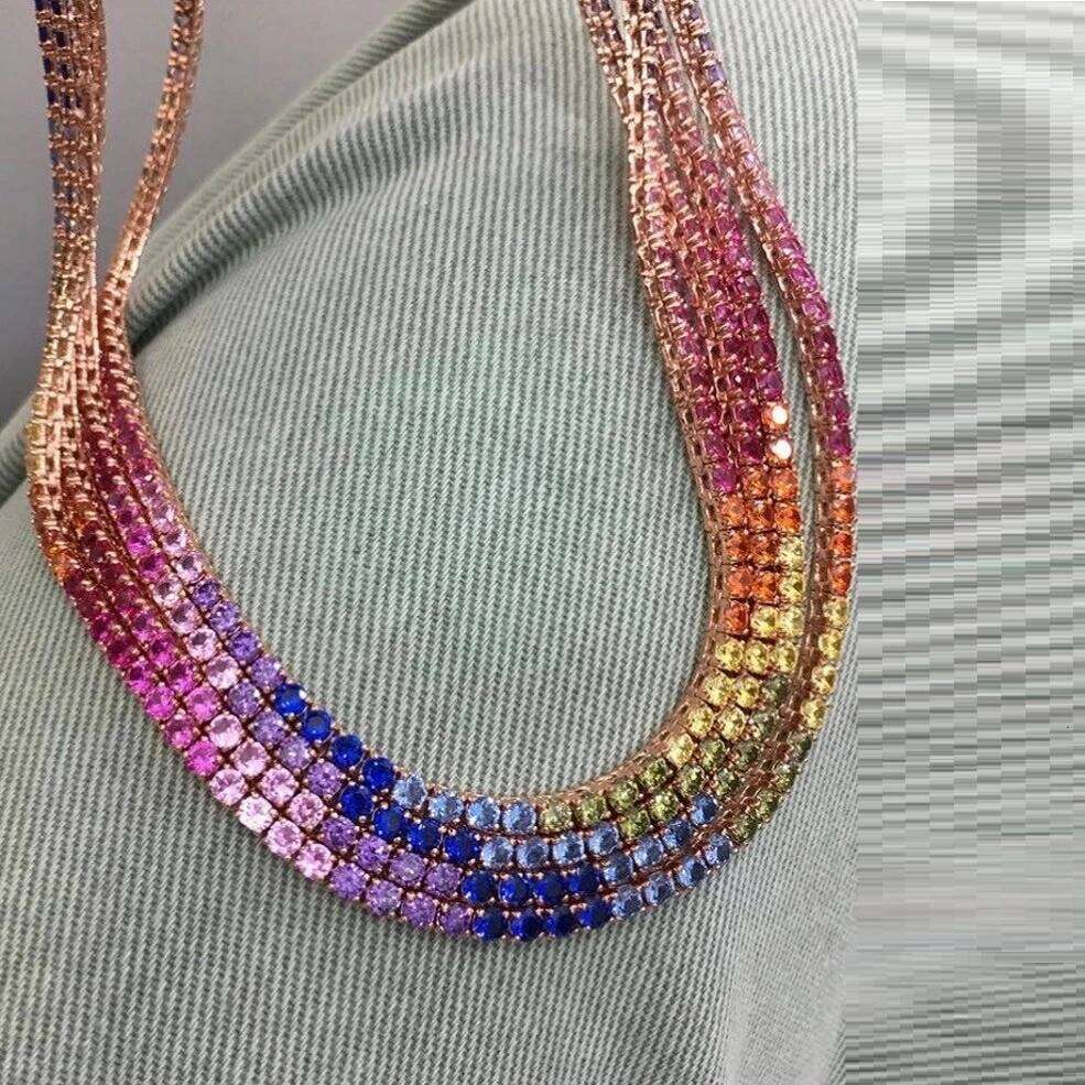 2025 New Iced Out Bling 16" 18" Rainbow Colorful Cubic Zirconia CZ 5mm Tennis Chain Women Men Charm Choker Necklace Jewelry Gift