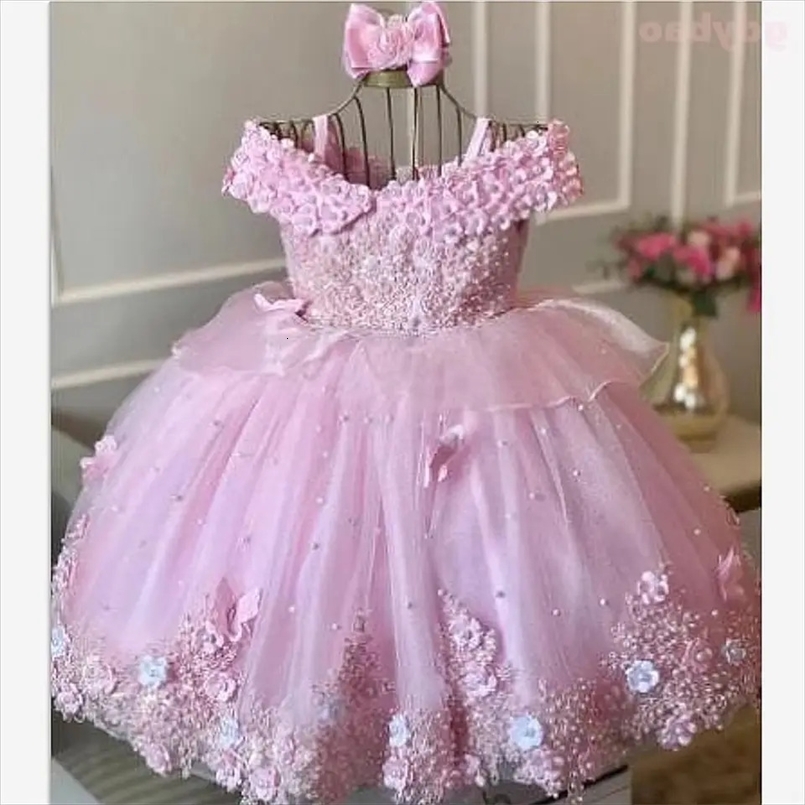 Pink Baby Girls Dresses Off Shoulder Pearls Lace Butterflies Flower Girl Dress Infant First Birthday Party Gown 250619
