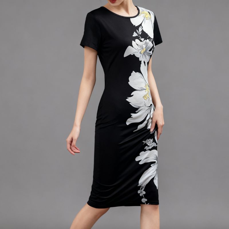 Women's Elegant Floral Print Short Sleeve Midi Dress Slim-Fit Versatile Black Dress-CF52404