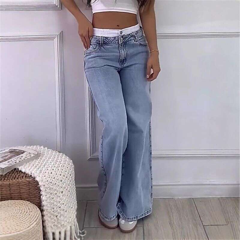 Women's Clothing Retro High Waist Non Elastic Washed Straight Fashion Contrast Color Wide Leg Jeans