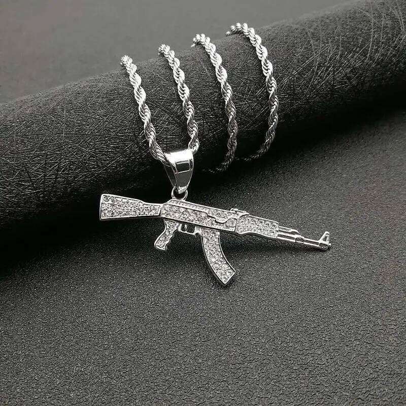 AK47 Gun 316L Stainless steel Pendant Necklace Iced Out Rhinestone Hip Hop Golden Sier Color Men Women Jewelry