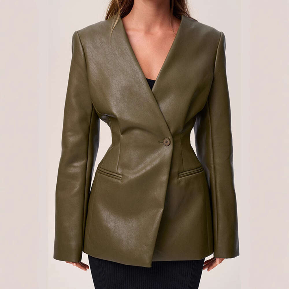 2025 Spring and Autumn New Fashionable Green V-neck Slim Fit Blazer Leather Jacket Elegant Commuting