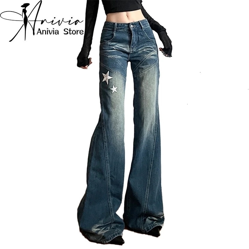 American Retro Womens Embroidered Star Street Y2K Jeans Wide Leg Loose Stripe All-match Mopping Pants Fashion Street Clothing 240626