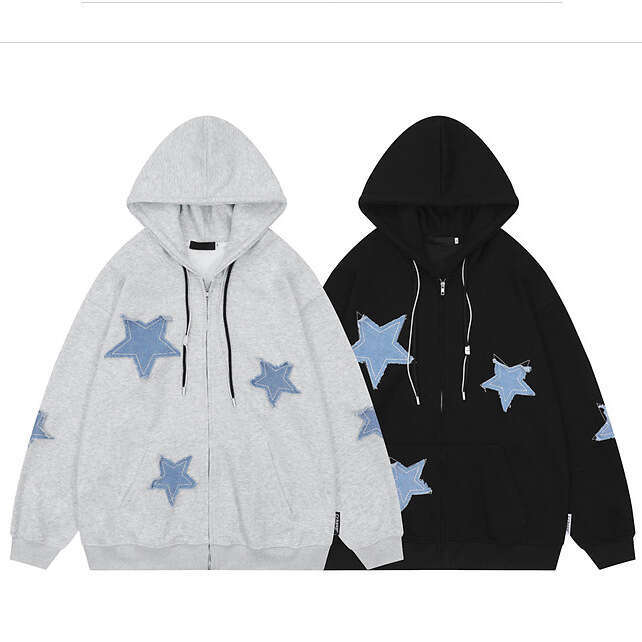 American Style Star Patch Hooded Sweatshirt Autumn Loose Casual Couple Cardigan Jacket