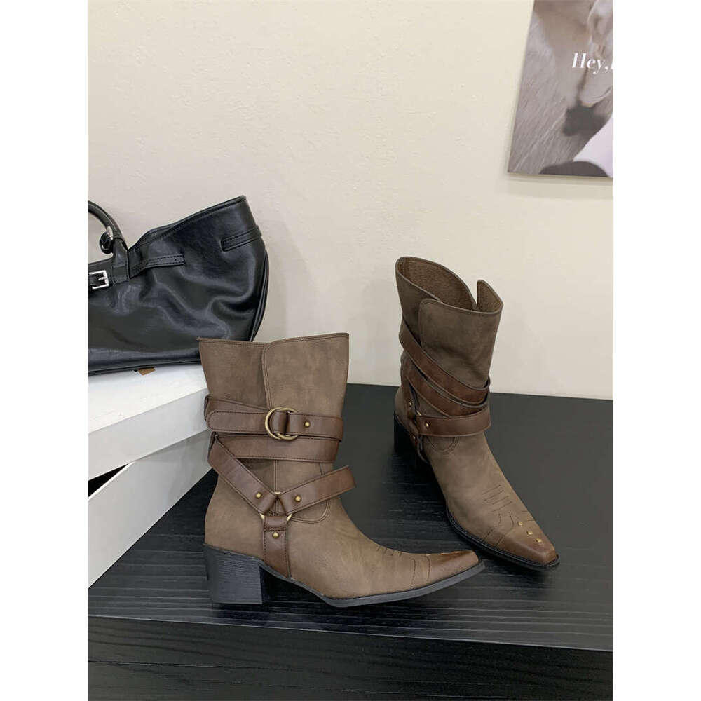 2025 Western Cowboy for Pointed Toe Chunky Heel Belt Buckle Rivet Mid-Calf Martin Women Boots