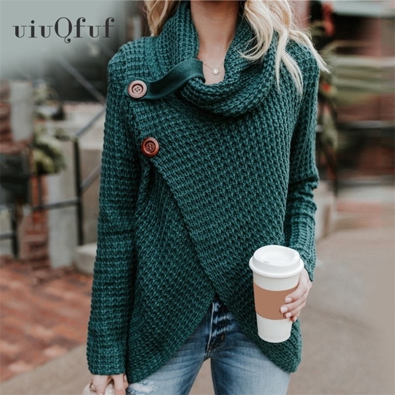 Plus Size Women's Sweater Women Turtleneck Sweater Autumn Winter Causal Buttons Knitted Female Pullover Irregular Fashion Coat 201031