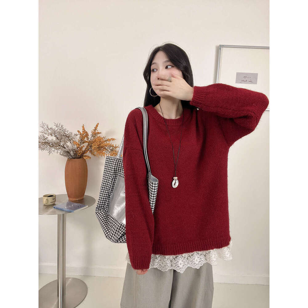 Sweet Lace Gentle Lazy Style Sweater for Women Autumn Elegant Tie Design Knitted Top