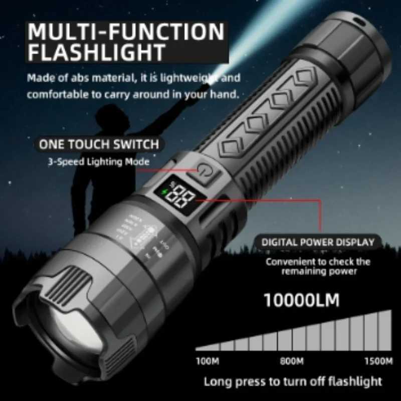 100000 LM High Power Led Flashlight Digital Display Portable USB Rechargeable Lantern Outdoor Tactical Torch Camping Work Lights D250928