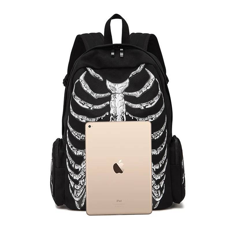 JIEROTYX Canvas Halloween Multifunctional School Bags Unisex Skull Skeleton Printed Backpack Gothic Designer Travel Bag high-quality