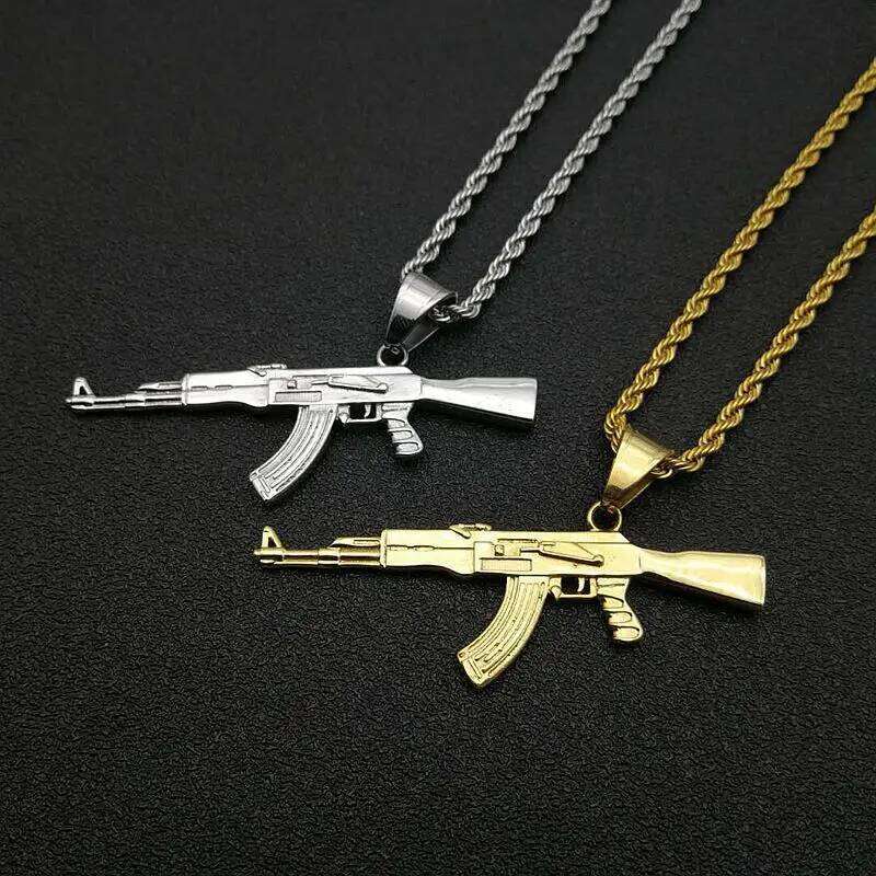 AK47 Gun 316L Stainless steel Pendant Necklace Iced Out Rhinestone Hip Hop Golden Sier Color Men Women Jewelry