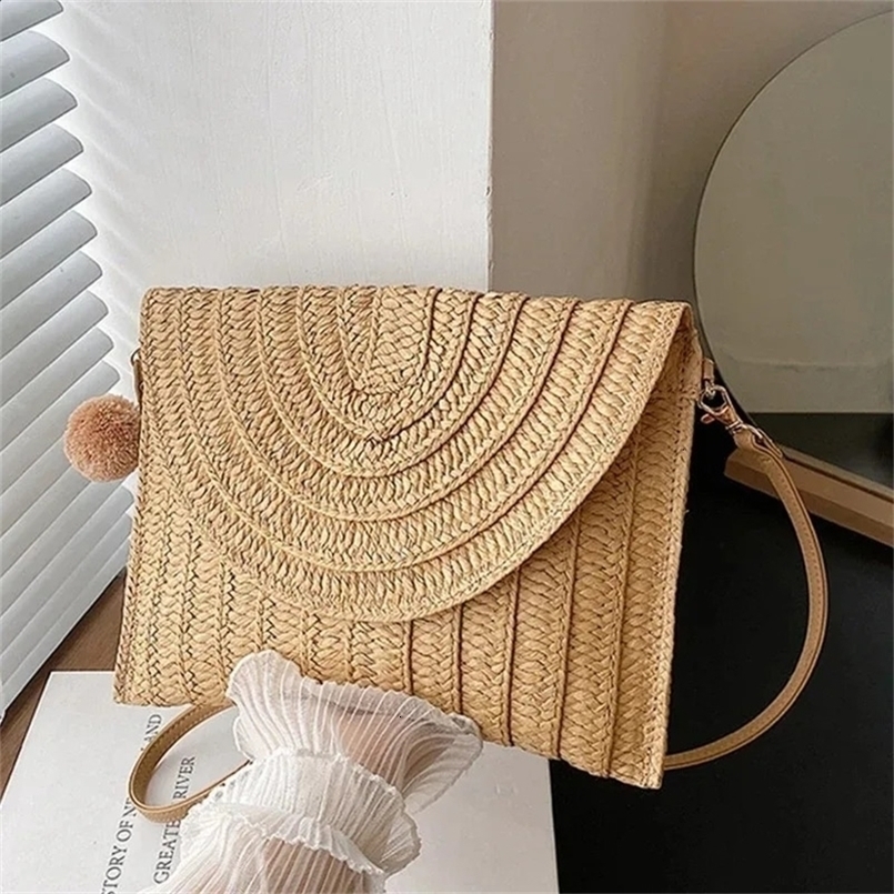 Summer Woven Braided Handbag For Women Handmade Envelope Shoulder Bag Travel Beach Shopping Coin Card Wallet 240821ZYl