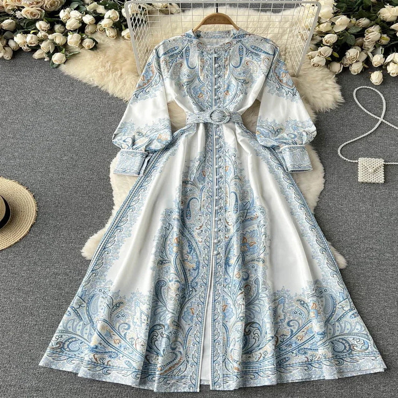 Women Vintage Party Dress Fashion Long Sleeve Single Breasted Stand Collar Elegant Printed Dresses Spring Autumn Robe 240715