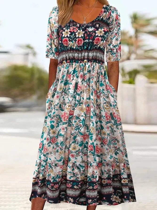 Summer new style women's round-neck short-sleeved long dress with Bohemian print, women's dress