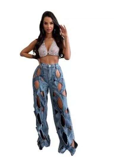 Women's Clothing Summer Casual Style Straight Tube Slim Twist Hollow Metal Button Jeans