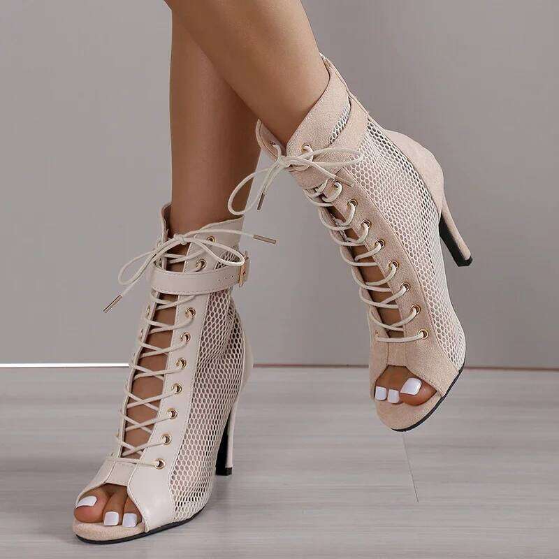 Sandals Hollowed Mesh Heels Belt Buckle Women's Summer Beige Lace-Up Sexy Open Toe Boots Stiletto Jazz Dance Party