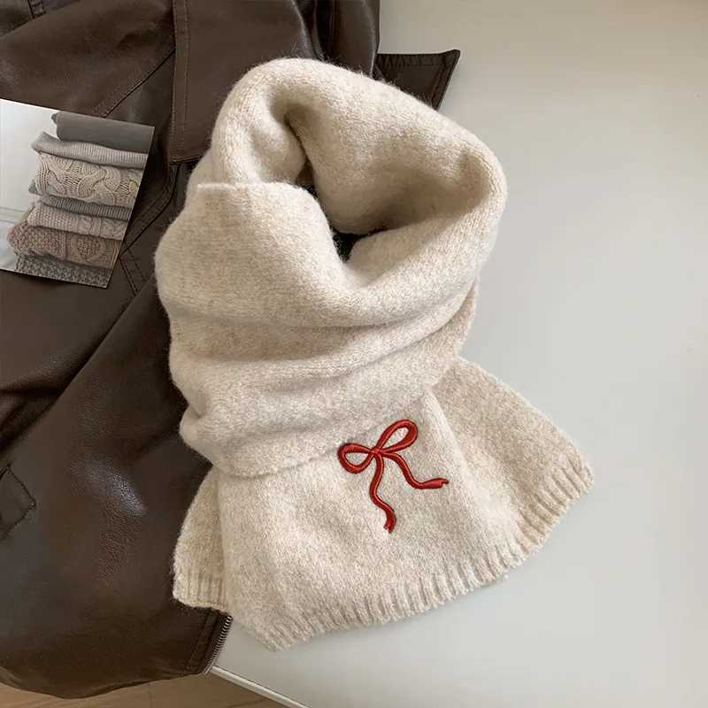 Womens Winter Scarf New Japanese Style Cute Bow Scarf Featuring Cold Proof Warm Neck Protecting Kawaii Knitted Scarf Embroidery L250928