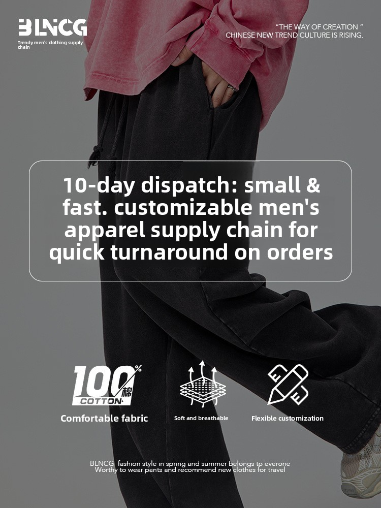 BLNCG Oversized Washed Straight Trousers: Men's Paris Hue, Vintage Snow Wash, Heavy Sweatpants, Street Style-WKL-09